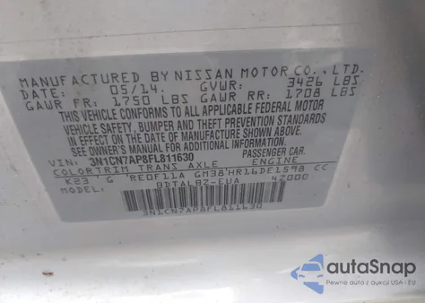 2015 Nissan Versa 1.6 Sv z USA, uszkodzony, nr VIN 3N1CN7AP8FL811630